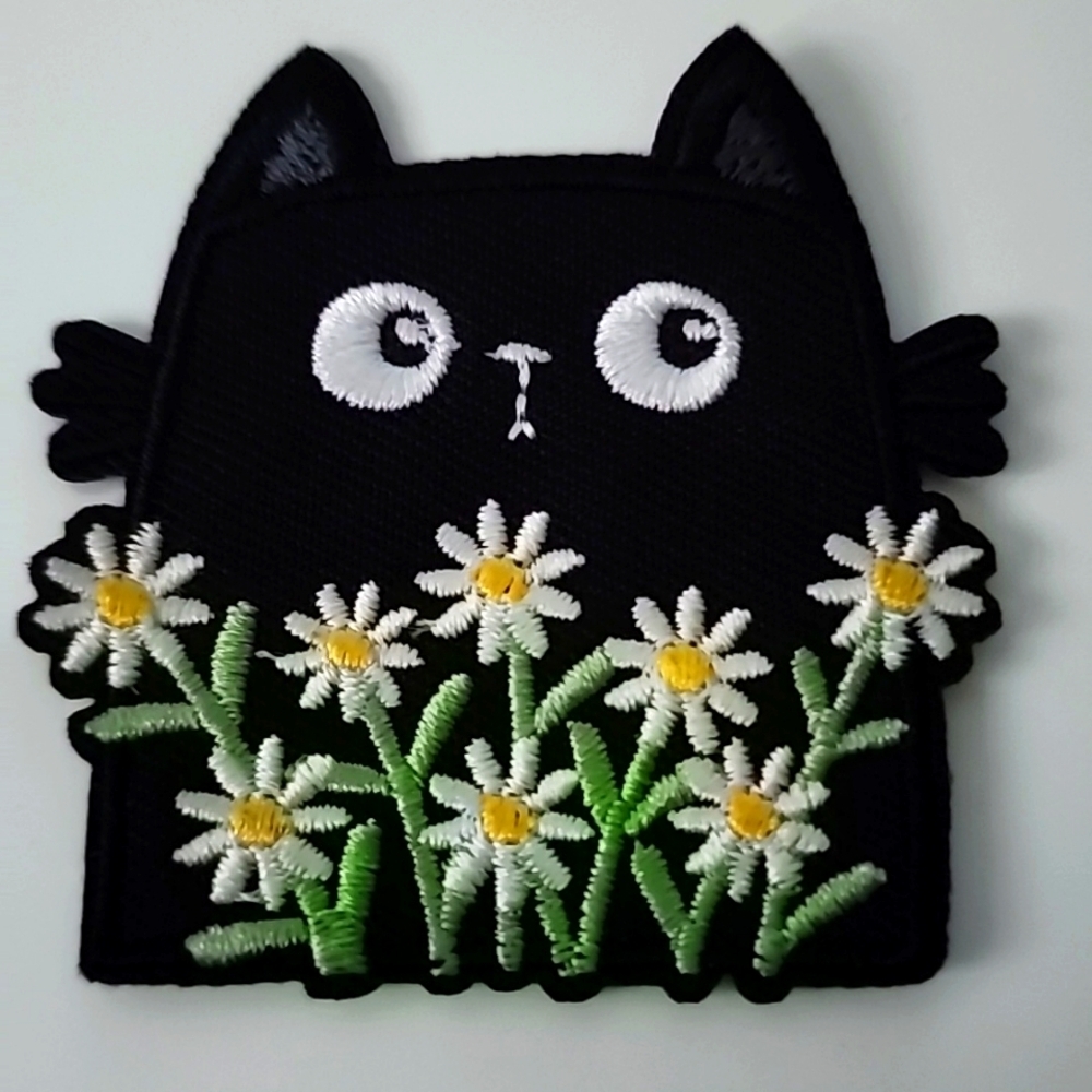 BOHO FLOWER Cat Whimsy IRON ON Patch Black Cat